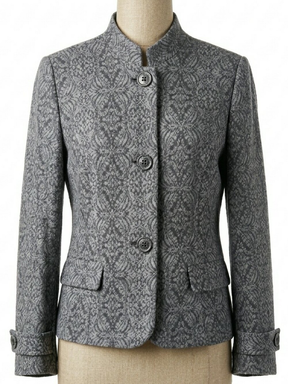 COLDWATER CREEK Gray Black Jacquard Paisley Wool Blend Blazer Standing Collar M